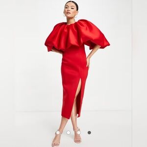 ASOS DESIGN bubble pencil midi dress with split in red